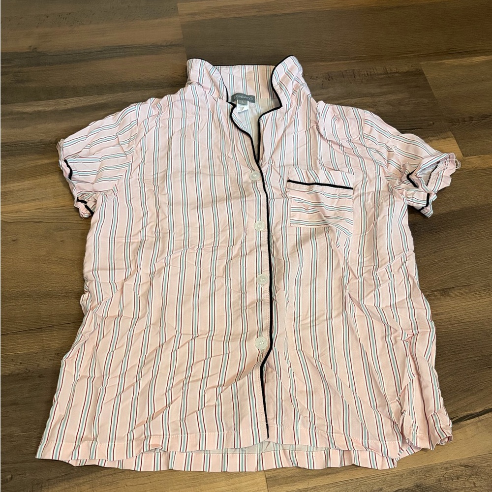 Womens Demdaco Pink & White Striped Short-Sleeve Button-Up Pajama Top Size L
